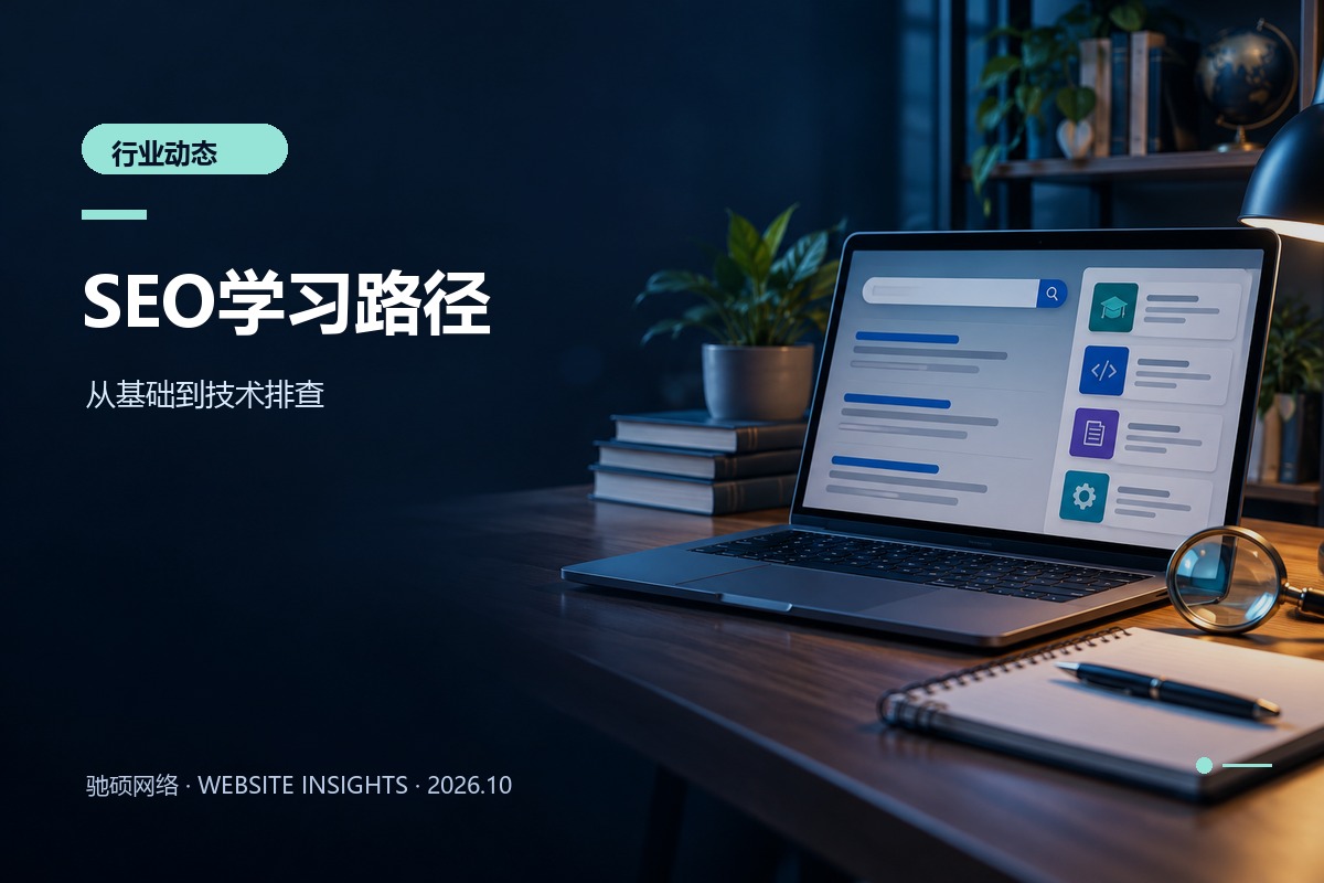 电脑、笔记本与网站模块展示SEO学习路径的概念配图