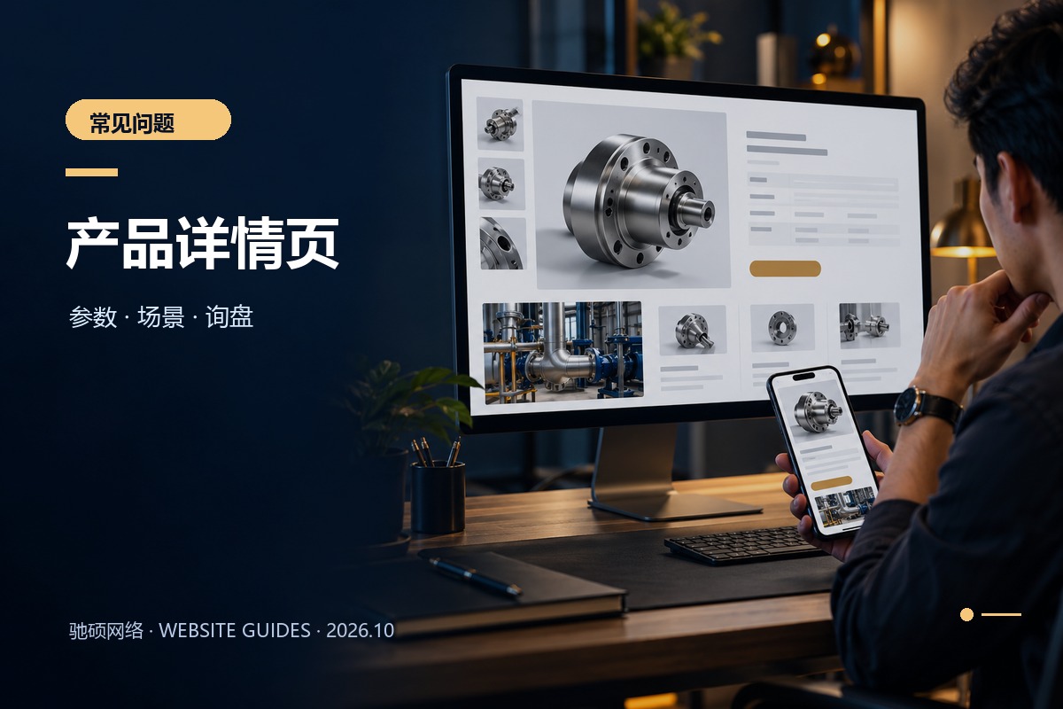 设计人员查看企业网站产品详情页与手机展示的示意配图