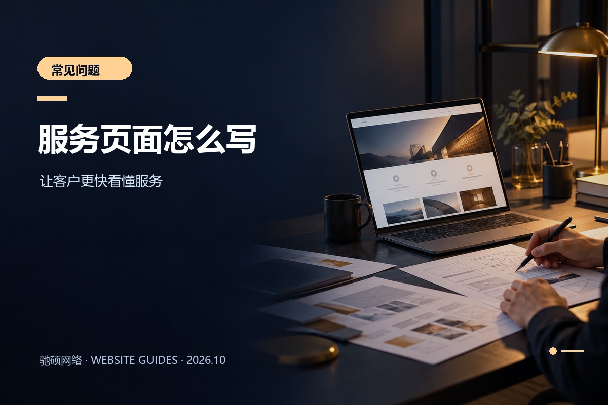 电脑展示企业服务页面结构与内容卡片的概念配图